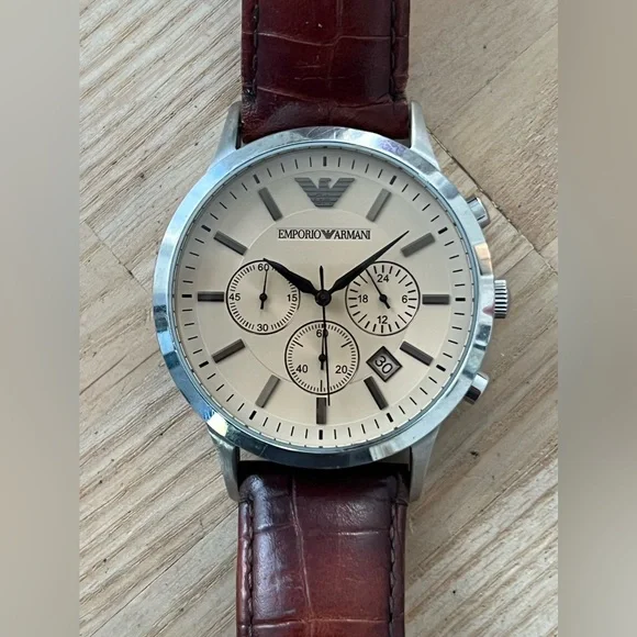 Emporio Armani Chronograph Rare Vintage Men’s Watch Cream Dial Leather Strap